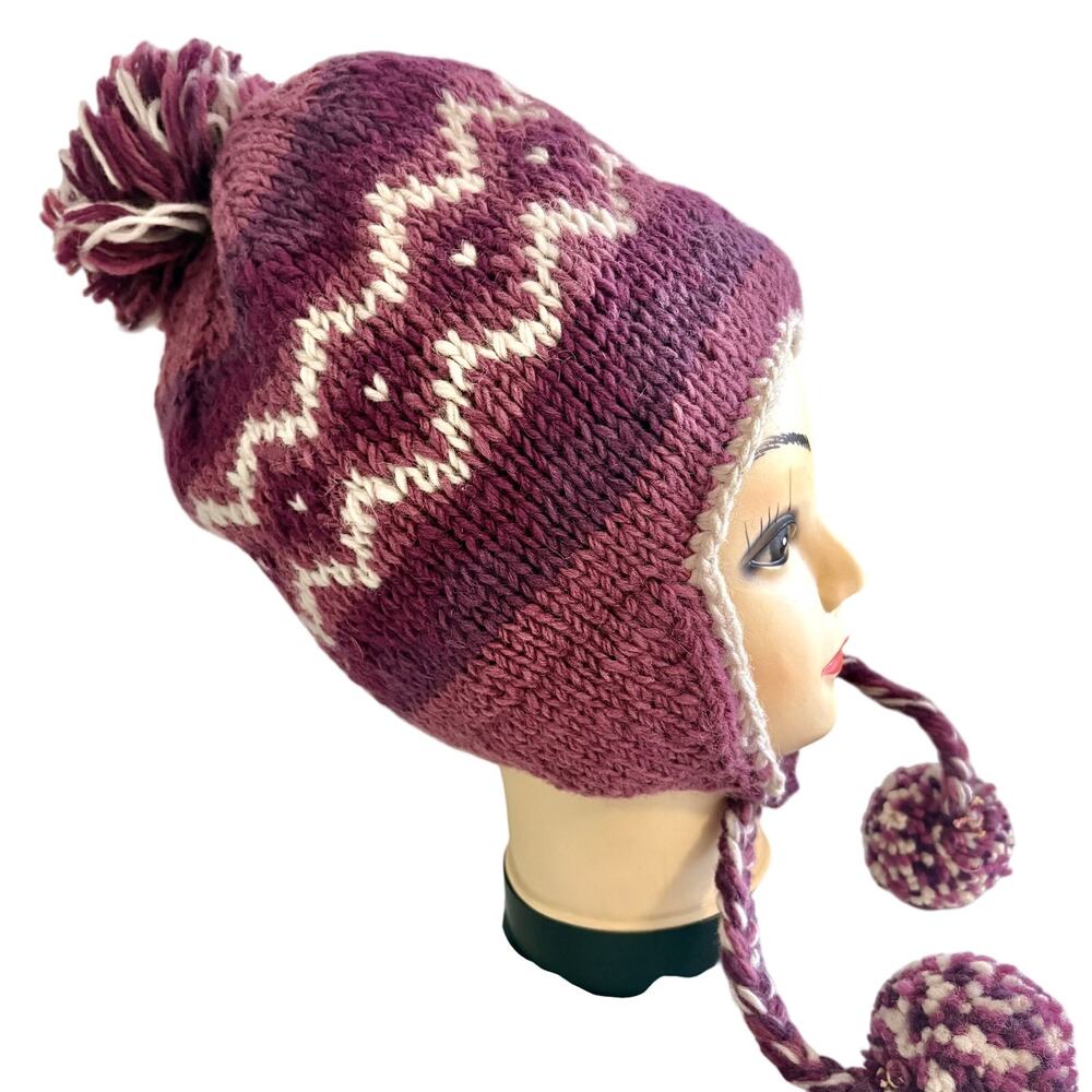 World Market 100% Wool Pink Nordic Fair Isle Knit Deerstalker Hat Pom Pom Lined